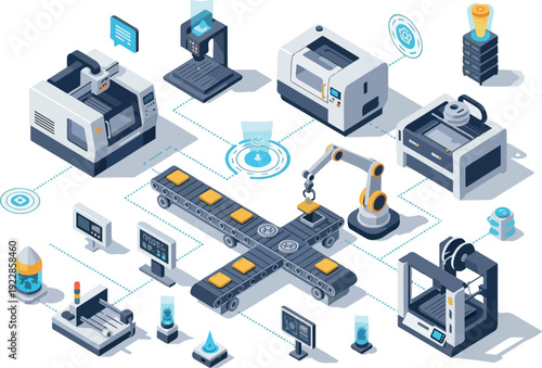 Industrial Automation Process Illustration Featuring Machines, Robotics, and Technology in a Modern Factory Setting from an Overhead Viewpoint