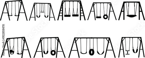Collection of various black silhouette swing sets featuring different styles of playground equipment for outdoor park recreation and backyard fun design