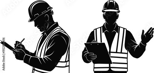 Construction engineer workers silhouette with hard hats safety vests clipboard inspection teamwork industrial builder technician vector illustration set