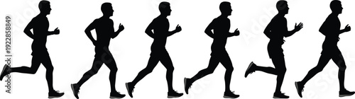 Six human silhouettes in sequential running poses showing dynamic motion cycle, ideal for fitness design, biomechanics studies, animation references, and sports education projects