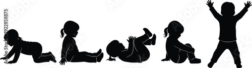 Black silhouettes of children in various yoga poses kids