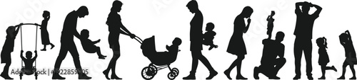 Black silhouettes of people and children in various poses and activities family stroller
