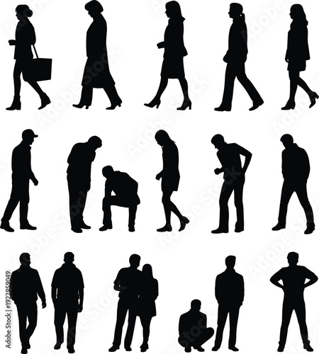 Sixteen diverse human silhouettes in walking, standing, sitting, and leaning poses, showcasing everyday activities and gestures for design, illustration, and educational creative projects