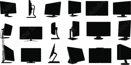 Sixteen computer monitor silhouettes in diverse designs, angles, and stand variations, showcasing ergonomic styles and technology icons for design, illustration, 