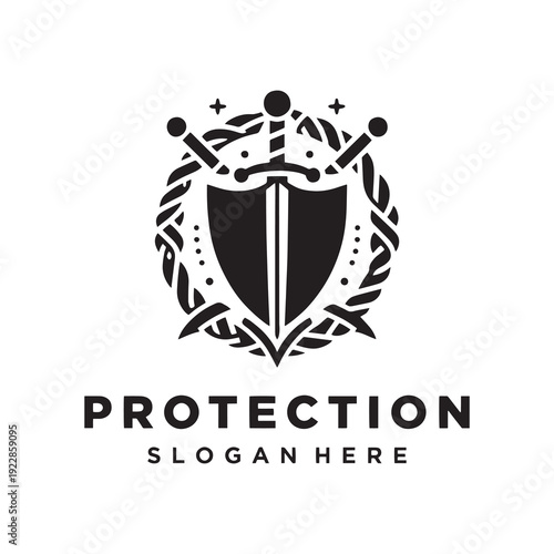 Sword and shield emblem with laurel wreath symbolizing strength and security