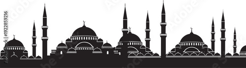 Silhouette panoramic skyline of traditional turkish mosques with towering minarets and domed roofs historic istanbul architecture for travel brochure banner background
