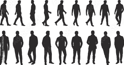 Sixteen male silhouettes in walking and standing poses, showing dynamic motion stages and static gestures, ideal for animation, design, illustration, and educational creative projects