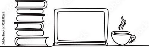 A laptop and coffee cup on a desk surrounded by books in a study environment