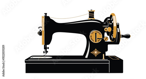Vintage black sewing machine with gold accents side view illustration