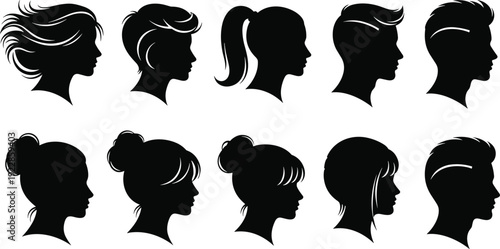 Ten human head silhouettes in profile with diverse hairstyles including ponytail, bun, bangs, layered cuts, and modern men’s styles, ideal for fashion, design, and cultural projects