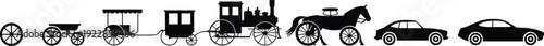 Black silhouettes of vintage and modern vehicles in a row transportation history