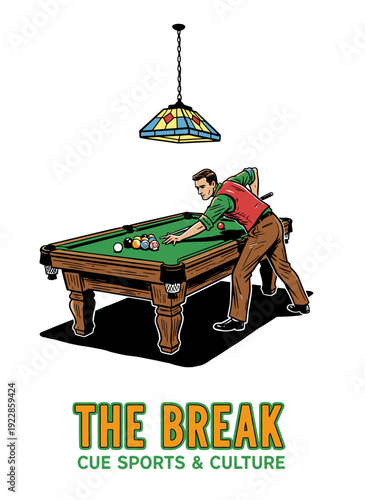 Billiards player design for t-shirt. Cue sport game illustration. Pool table player artwork. Leisure activity graphic print. The break shot culture.