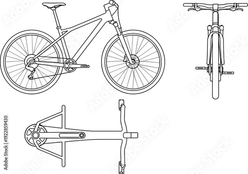 Technical line drawings of a bicycle in side, front, and top views, ideal for engineering, manufacturing, assembly references, product design, and educational creative projects