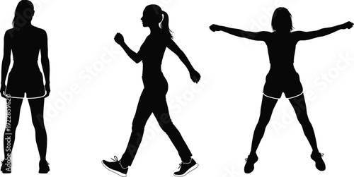 Three human silhouettes in athletic poses including standing, walking, and jumping jack, ideal for fitness design, exercise graphics, health education, and motion analysis projects