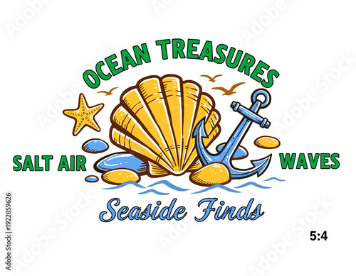 Ocean treasures graphic design for t-shirt. Seaside finds artwork. Summer beach vibes illustration. Shell starfish anchor drawing. Salt air waves typo
