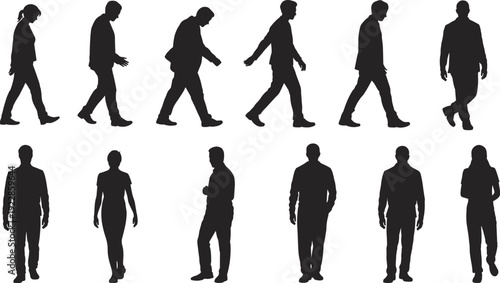 Twelve human silhouettes in walking and standing poses, featuring male and female figures with varied postures, ideal for animation, design, illustration, and educational creative projects
