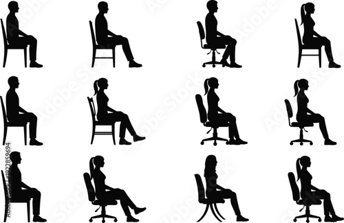 Twelve human silhouettes seated in chairs with varied postures and chair designs, ideal for ergonomic studies, design references, animation, and educational projects