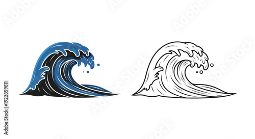 Two stylized ocean waves one in color one in monochrome