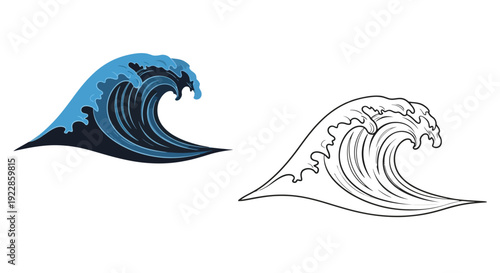 Stylized ocean waves a colorful rendition and a line art version