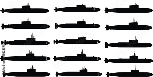 Twelve submarine silhouettes in varied hull and sail designs arranged in grid, ideal for naval design, military references, educational materials, and creative projects