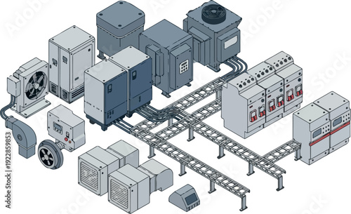 Industrial machinery and equipment on production line, showcasing various machines and conveyor belts in a manufacturing setting, viewed from above.