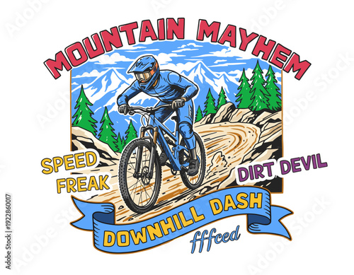 Mountain biking illustration. Downhill sport graphic print. Extreme outdoor adventure design. Speed freak dirt devil art. Mountain mayhem apparel