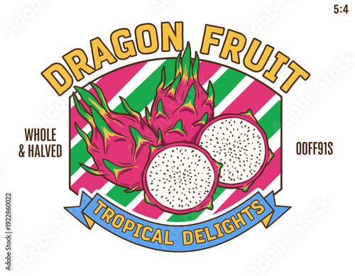 Dragon fruit vector design. Tropical pitaya illustration. Healthy exotic food. Graphic print for t-shirt, poster, sticker. Fresh organic fruit.