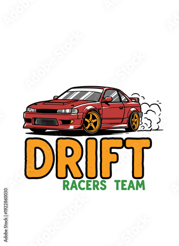 Drift car design for apparel. Fast speed racing graphic. Extreme auto sports art. Racers team logo design. Automotive vector for print