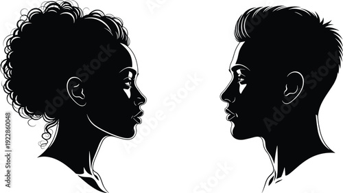 Two human profile silhouettes facing each other with curly and short styled hair, ideal for design, cultural projects, fashion branding, and creative illustrations