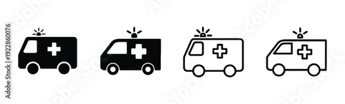 Set of ambulance icons with crosses and lights, solid and outline versions