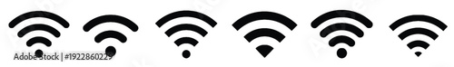Set of black wifi signal strength icons indicating wireless network connection