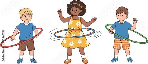 Cute cartoon illustration of diverse children playing with colorful hula hoops for active lifestyle physical education and healthy childhood play