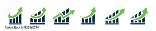 Set of business growth charts with upward arrows representing progress and success