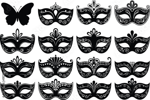 Venetian carnival mask silhouette vector set, ornate masquerade face masks collection, decorative black costume design elements, festive party illustration 