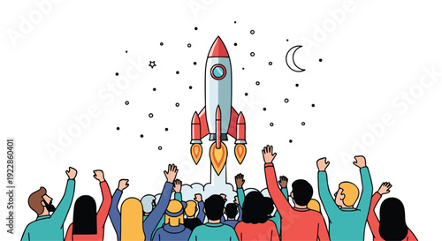 Illustration of a diverse group of people celebrating the International Day of Human Space Flight by looking up at a rocket launching into space with stars and a crescent moon.