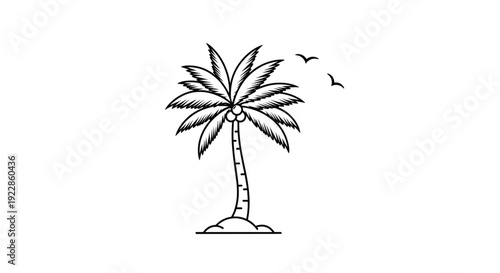 Simple black line drawing of a lone palm tree on a small island with two birds flying in the background on white background.