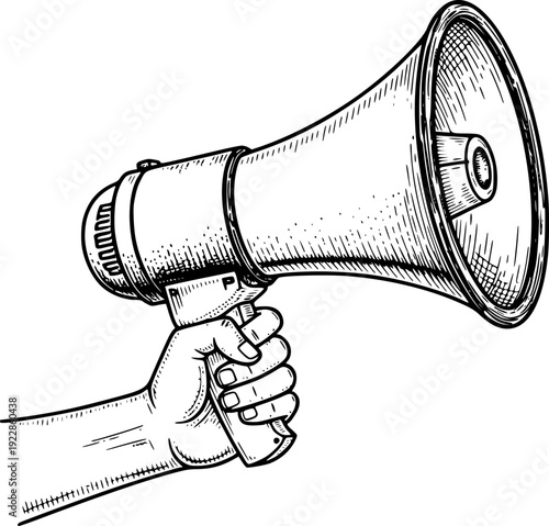 Hand holding vintage megaphone announcing loudly with hatching style white background