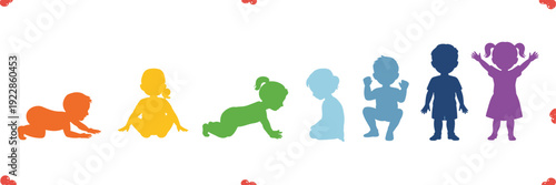 Colorful silhouettes of children in various poses rainbow kids