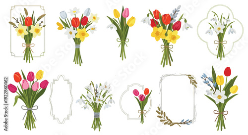 Assortment of colorful spring flower bouquets and decorative frames including tulips, daffodils, and snowdrops for floral design.