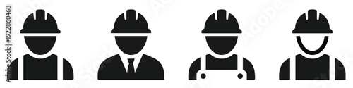 Set of icons representing construction workers with hard hats and safety gear