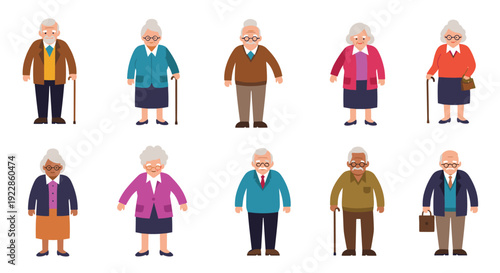Another collection of senior citizens featuring men and women in various colorful outfits with walking aids and stylish bags.