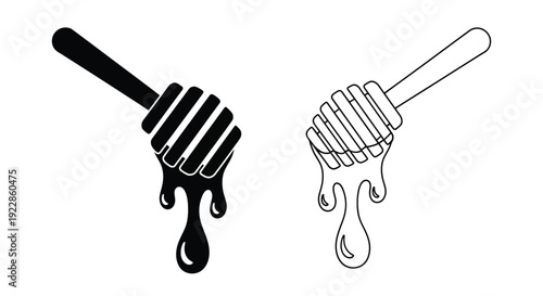 Two honey dippers one black one white with dripping honey
