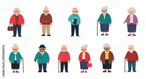 Group of diverse elderly men and women standing in a row wearing casual clothing and holding accessories like canes and bags.