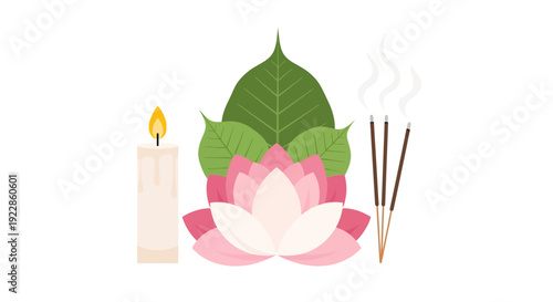 A serene scene with a lit candle, incense sticks, and a lotus flower with green leaves.