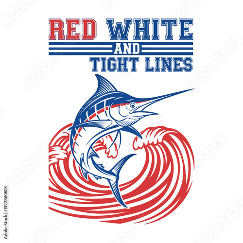 Fishing A vibrant illustration of a marlin jumping out of the ocean wave tshirt design