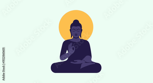 A serene Buddha sits in meditation under a vibrant yellow halo outdoors