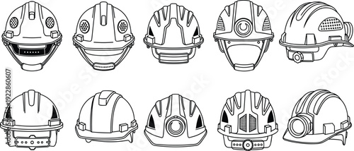 Construction safety helmets collection industrial hard hats protective equipment engineering worker gear vector illustration set isolated