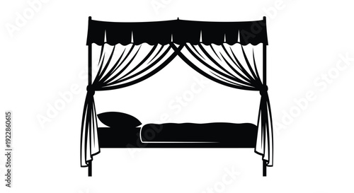 Black and white illustration of a classic four poster canopy bed