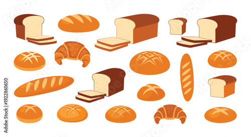 Delicious assortment of bakery products including sliced loaves, buns, croissants, and baguettes in warm golden brown colors.