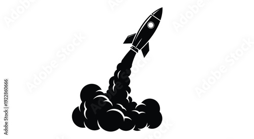 A black silhouette of a rocket launching with fiery exhaust plumes